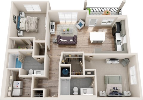 a 3d rendering of a floor plan with a bedroom and living room